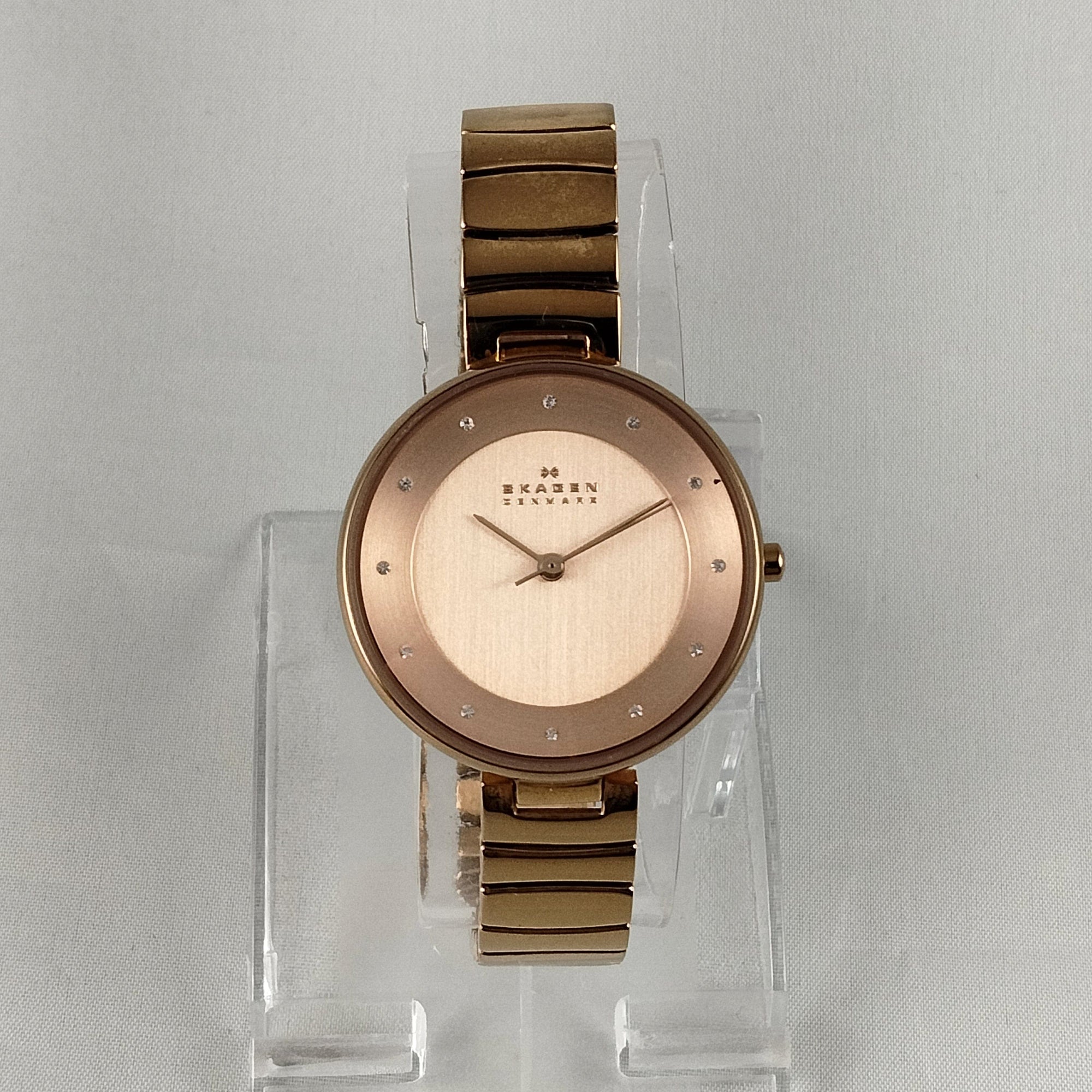 I Like Mikes Mid Century Modern Watches Skagen Women's Stainless Steel Gold Tone Watch, Rose Gold Tone Dial, Jewel Hour Markers, Bracelet Strap