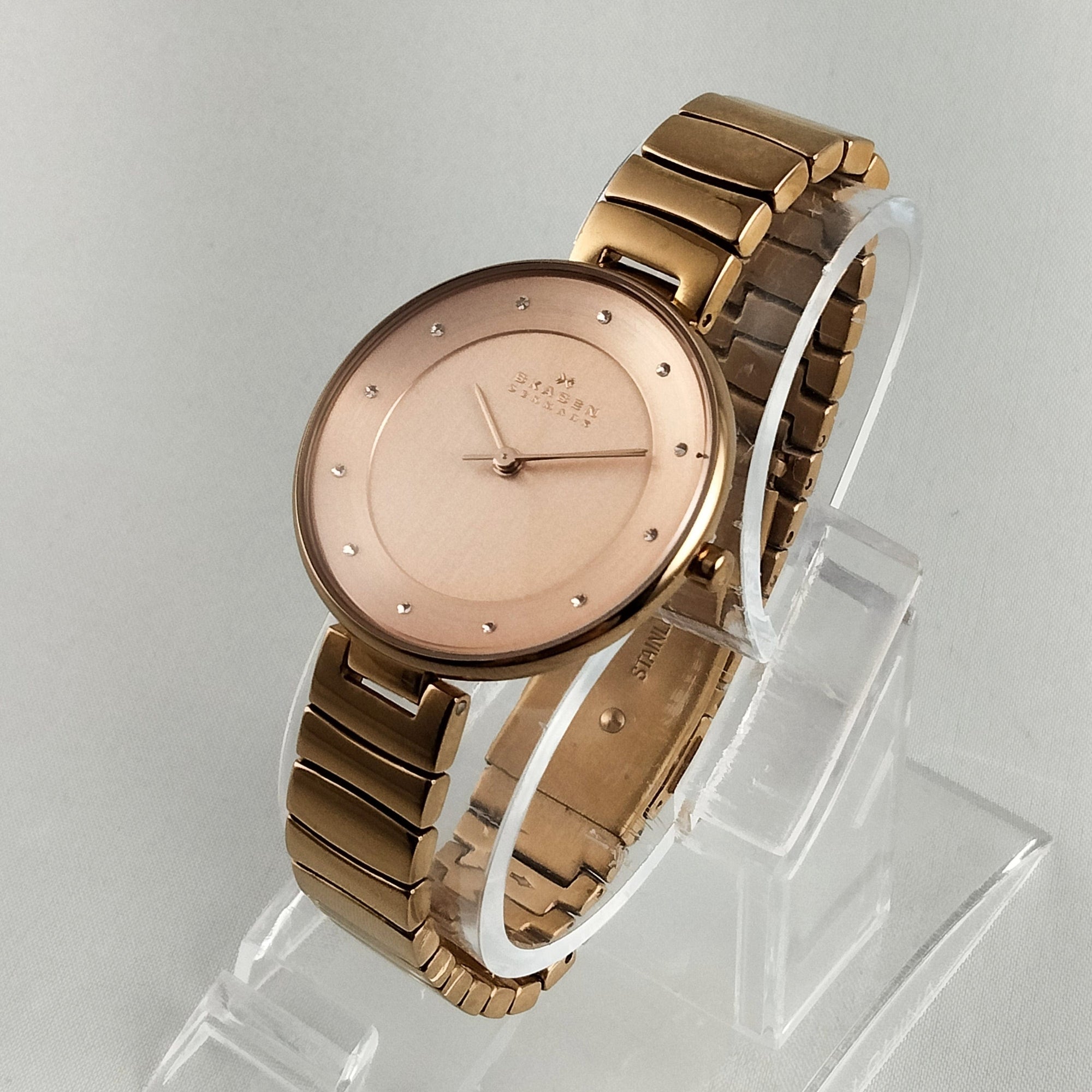 I Like Mikes Mid Century Modern Watches Skagen Women's Stainless Steel Gold Tone Watch, Rose Gold Tone Dial, Jewel Hour Markers, Bracelet Strap