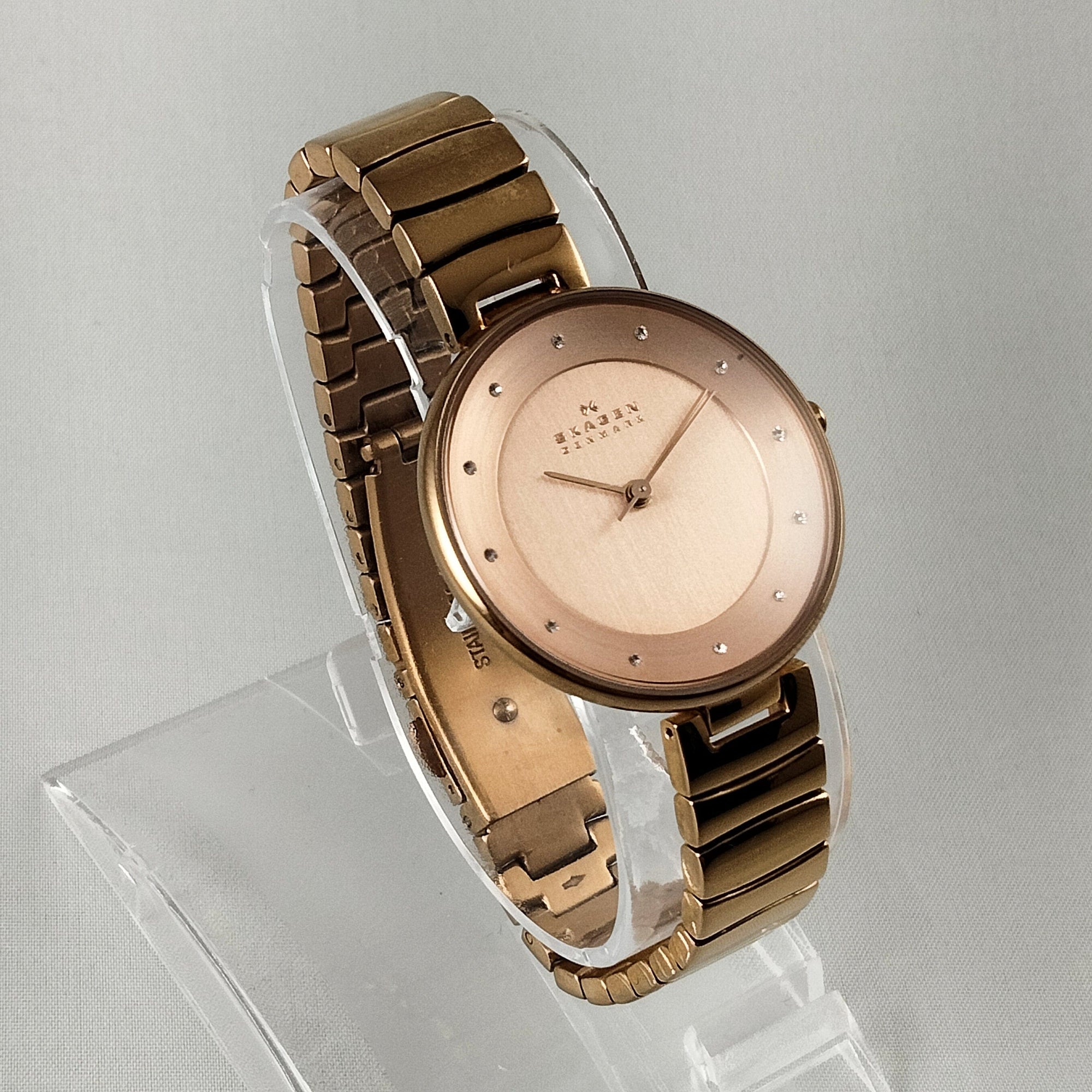 I Like Mikes Mid Century Modern Watches Skagen Women's Stainless Steel Gold Tone Watch, Rose Gold Tone Dial, Jewel Hour Markers, Bracelet Strap