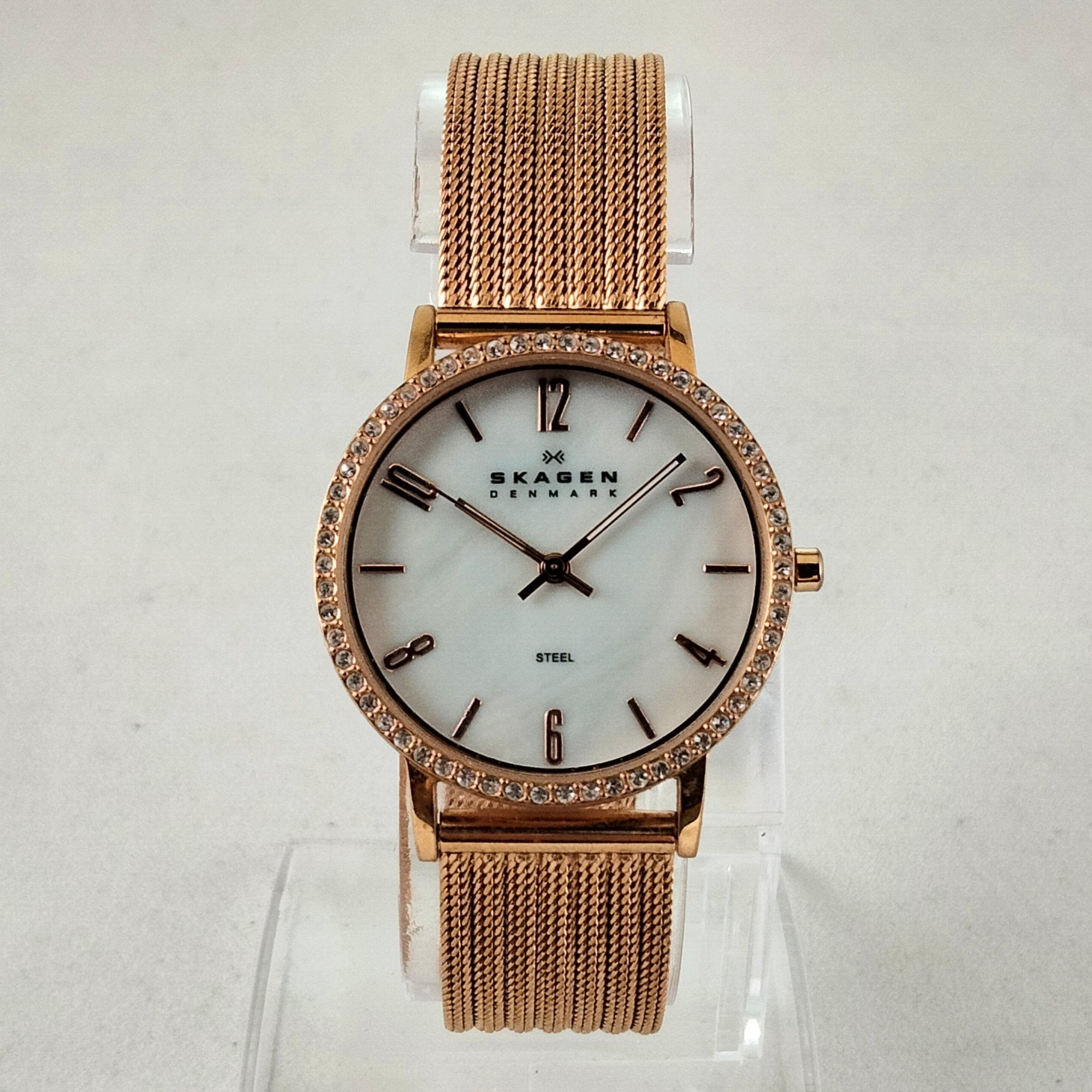 I Like Mikes Mid Century Modern Watches Skagen Women's Stainless Steel Gold Tone Watch, White Mother of Pearl Dial, Jewel Details, Gold Tone Mesh Strap