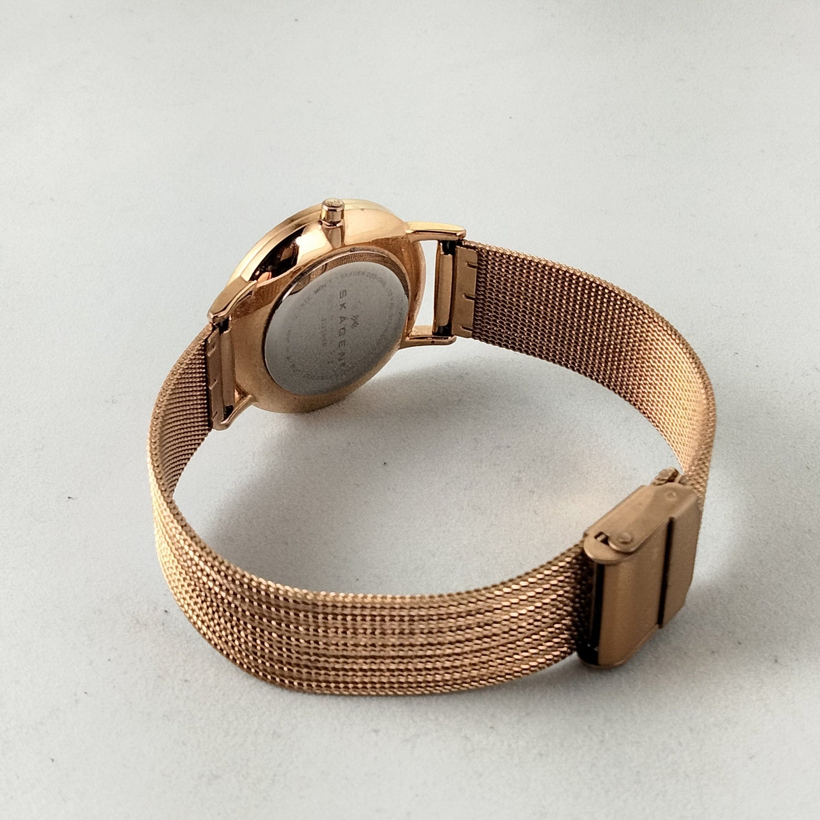 I Like Mikes Mid Century Modern Watches Skagen Women's Stainless Steel Gold Tone Watch, White Mother of Pearl Dial, Jewel Details, Gold Tone Mesh Strap