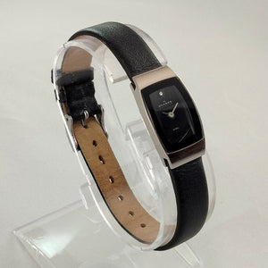 I Like Mikes Mid Century Modern Watches Skagen Women's Stainless Steel Rectangular Watch, Black Dial, Black Leather Strap