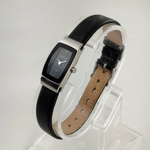 I Like Mikes Mid Century Modern Watches Skagen Women's Stainless Steel Rectangular Watch, Black Dial, Black Leather Strap