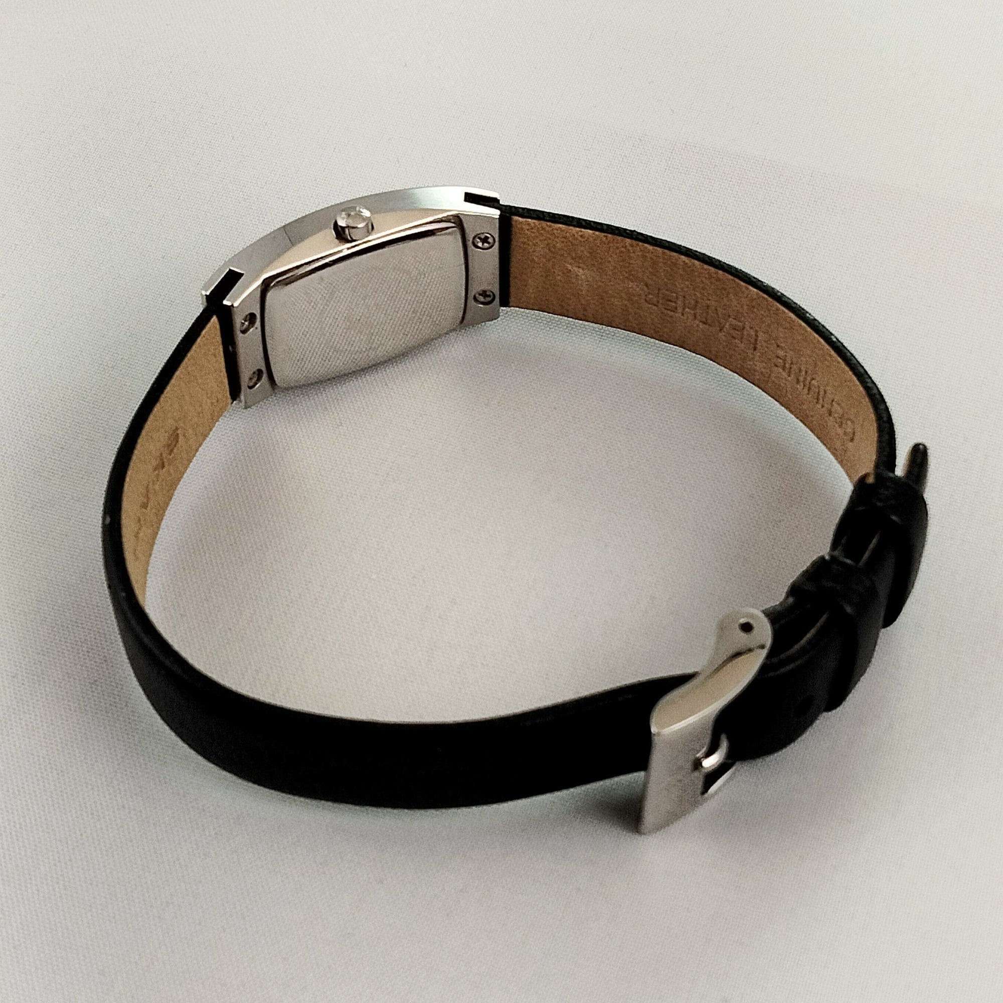 I Like Mikes Mid Century Modern Watches Skagen Women's Stainless Steel Rectangular Watch, Black Dial, Black Leather Strap