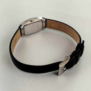 I Like Mikes Mid Century Modern Watches Skagen Women's Stainless Steel Rectangular Watch, Black Dial, Black Leather Strap