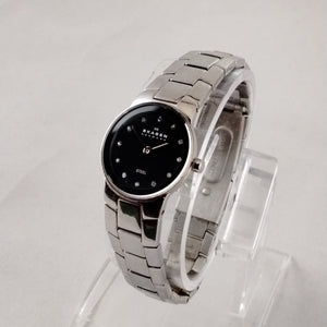 I Like Mikes Mid Century Modern Watches Skagen Women's Stainless Steel Round Watch, Black Dial, Jewel Hour Markers, Link Bracelet