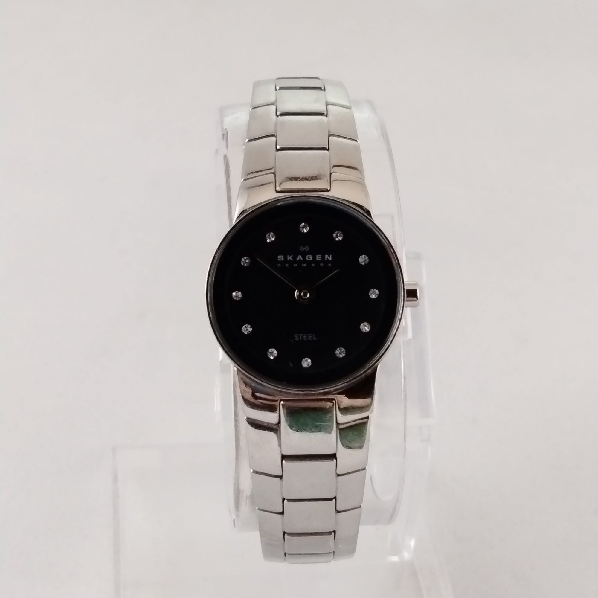 I Like Mikes Mid Century Modern Watches Skagen Women's Stainless Steel Round Watch, Black Dial, Jewel Hour Markers, Link Bracelet