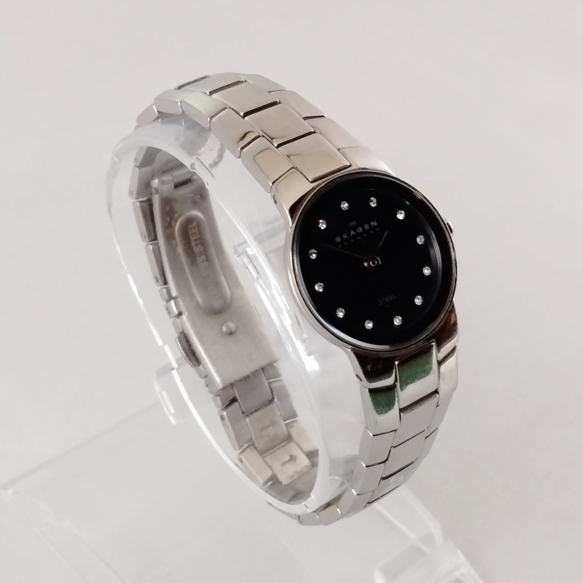 I Like Mikes Mid Century Modern Watches Skagen Women's Stainless Steel Round Watch, Black Dial, Jewel Hour Markers, Link Bracelet