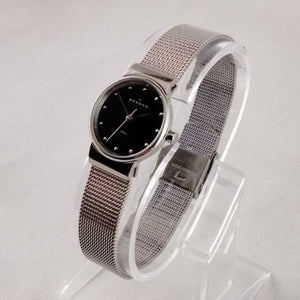 I Like Mikes Mid Century Modern Watches Skagen Women's Stainless Steel Round Watch, Black Dial, Jewel Hour Markers, Mesh Strap