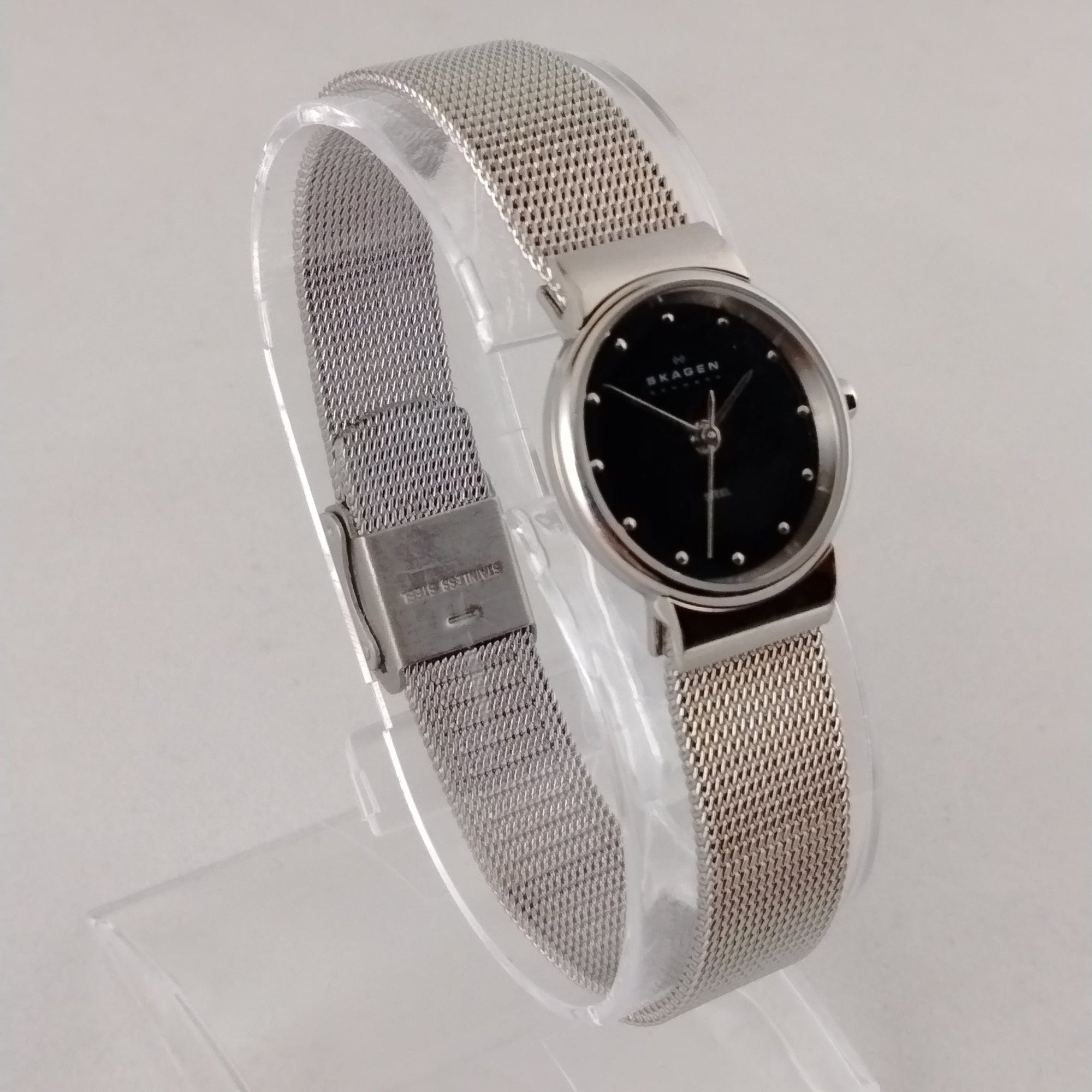 I Like Mikes Mid Century Modern Watches Skagen Women's Stainless Steel Round Watch, Black Dial, Jewel Hour Markers, Mesh Strap