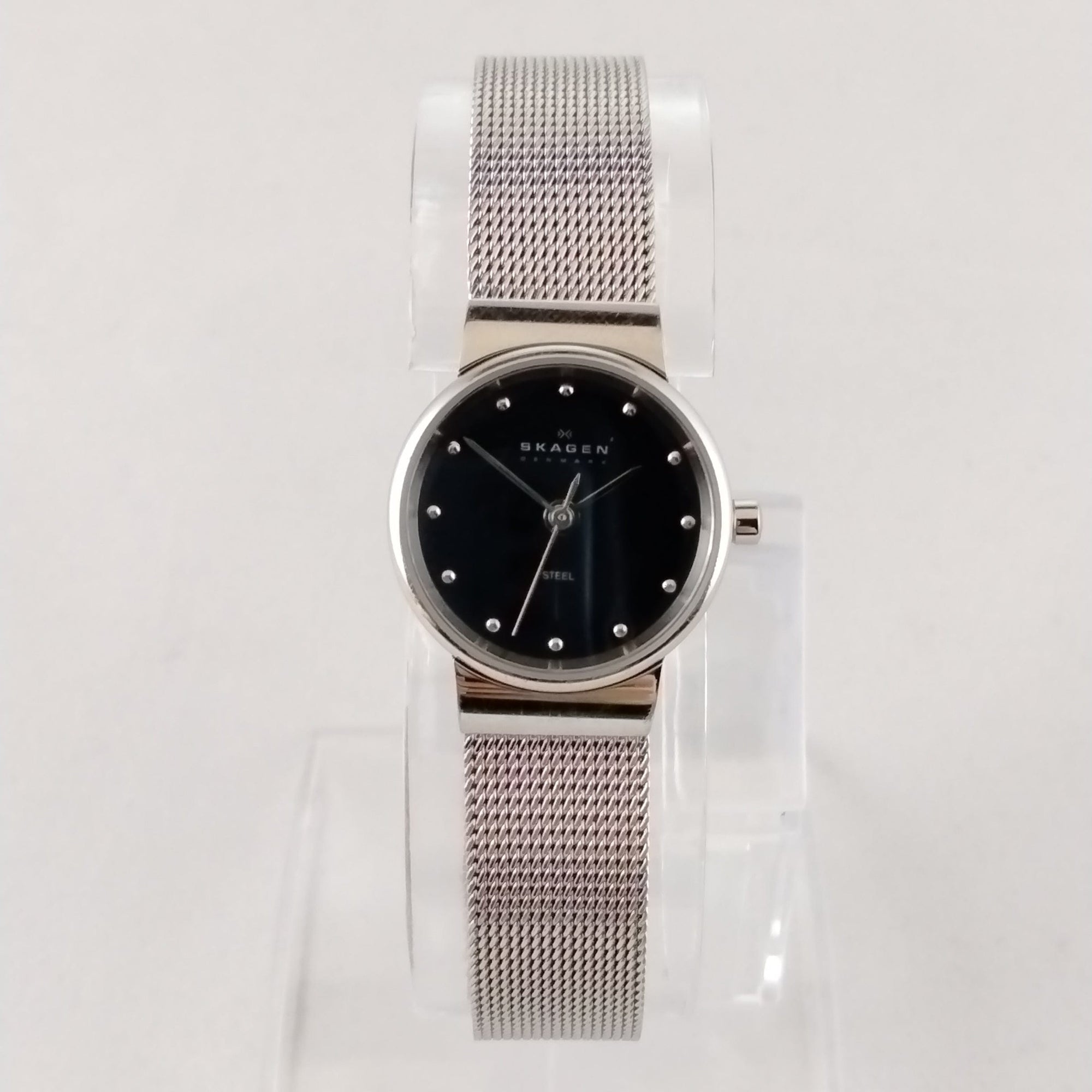 I Like Mikes Mid Century Modern Watches Skagen Women's Stainless Steel Round Watch, Black Dial, Jewel Hour Markers, Mesh Strap