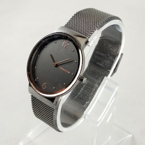 I Like Mikes Mid Century Modern Watches Skagen Women's Stainless Steel Round Watch, Black Dial, Rose Gold Tone Details, Mesh Strap