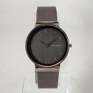 I Like Mikes Mid Century Modern Watches Skagen Women's Stainless Steel Round Watch, Black Dial, Rose Gold Tone Details, Mesh Strap
