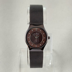 I Like Mikes Mid Century Modern Watches Skagen Women's Stainless Steel Round Watch, Brown Mother of Pearl Dial, Black Mesh Strap