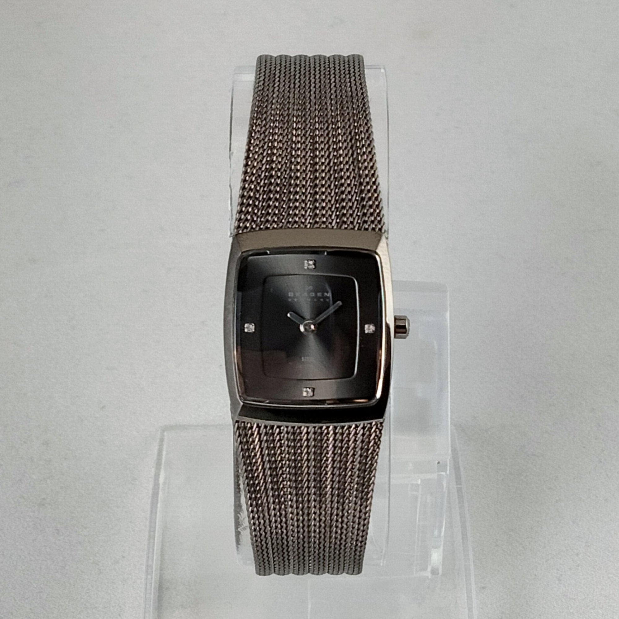 I Like Mikes Mid Century Modern Watches Skagen Women's Stainless Steel Square Watch, Black Dial, Mesh Strap