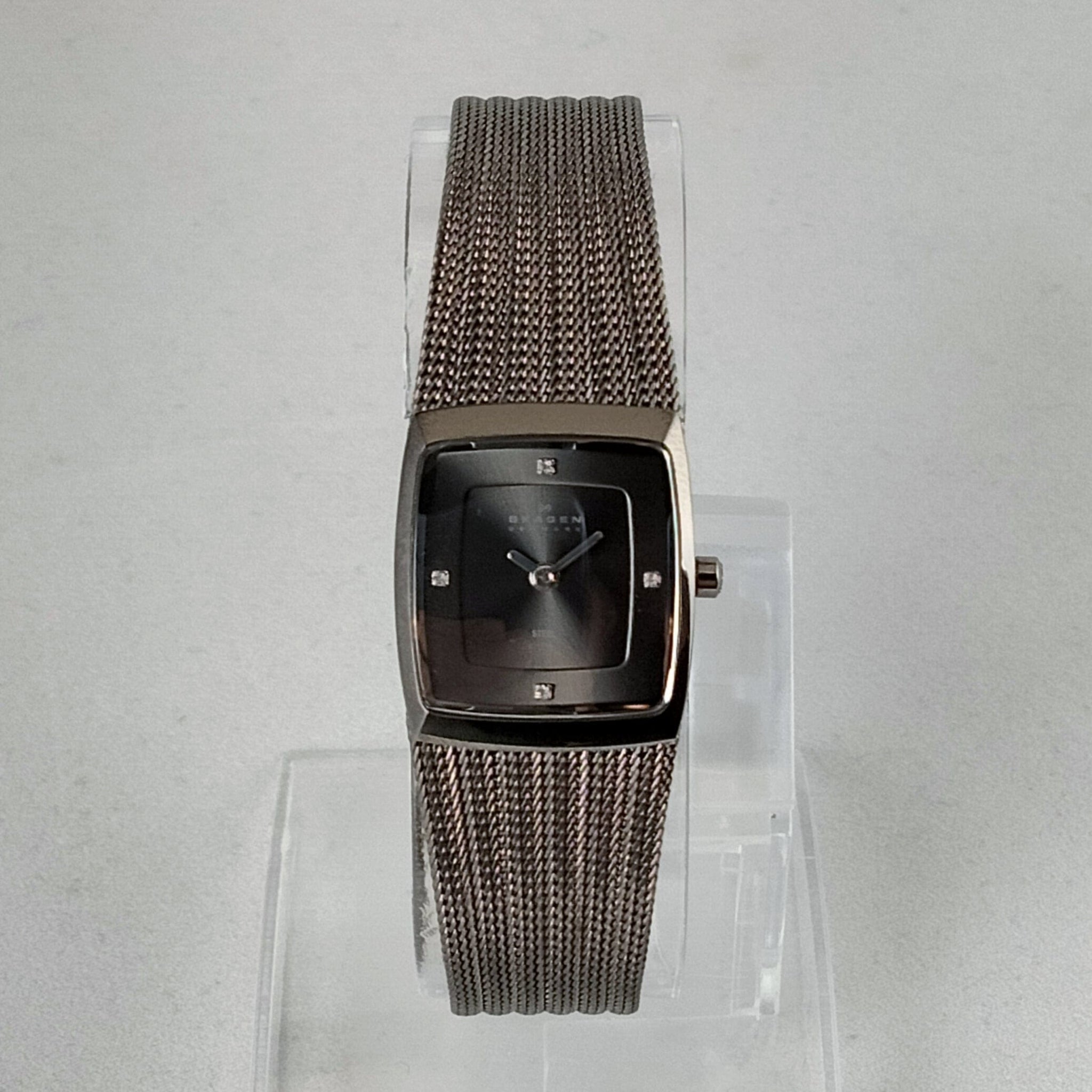 skagen women's ancher stainless steel mesh dress quartz watch Skagen Women's Stainless Steel Watch, Black Dial, Jewel Hour Markers,