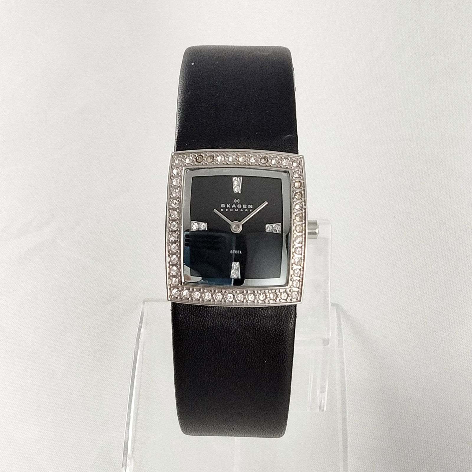 I Like Mikes Mid Century Modern Watches Skagen Women's Stainless Steel Square Watch, Jewel Details, Black Genuine Leather Strap