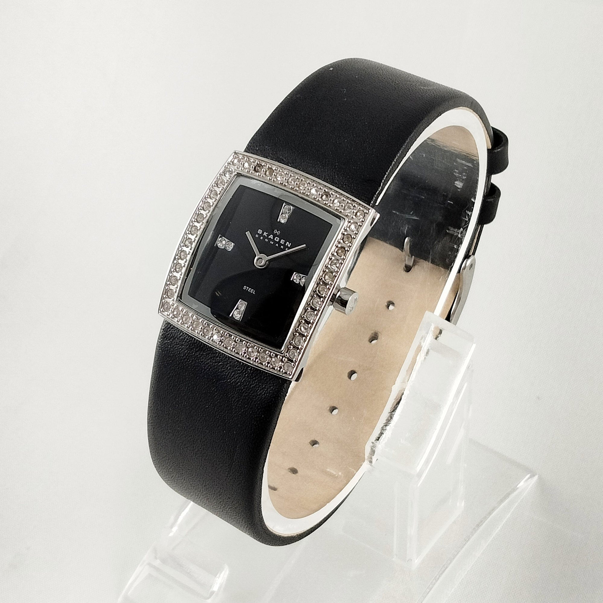 I Like Mikes Mid Century Modern Watches Skagen Women's Stainless Steel Square Watch, Jewel Details, Black Genuine Leather Strap