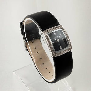 I Like Mikes Mid Century Modern Watches Skagen Women's Stainless Steel Square Watch, Jewel Details, Black Genuine Leather Strap
