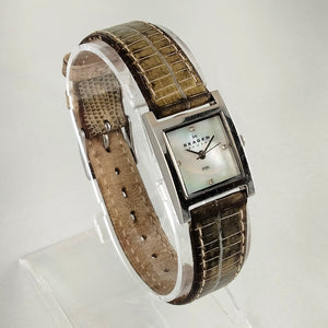 I Like Mikes Mid Century Modern Watches Skagen Women's Stainless Steel Square Watch, Mother of Pearl Dial, Brown Leather Strap