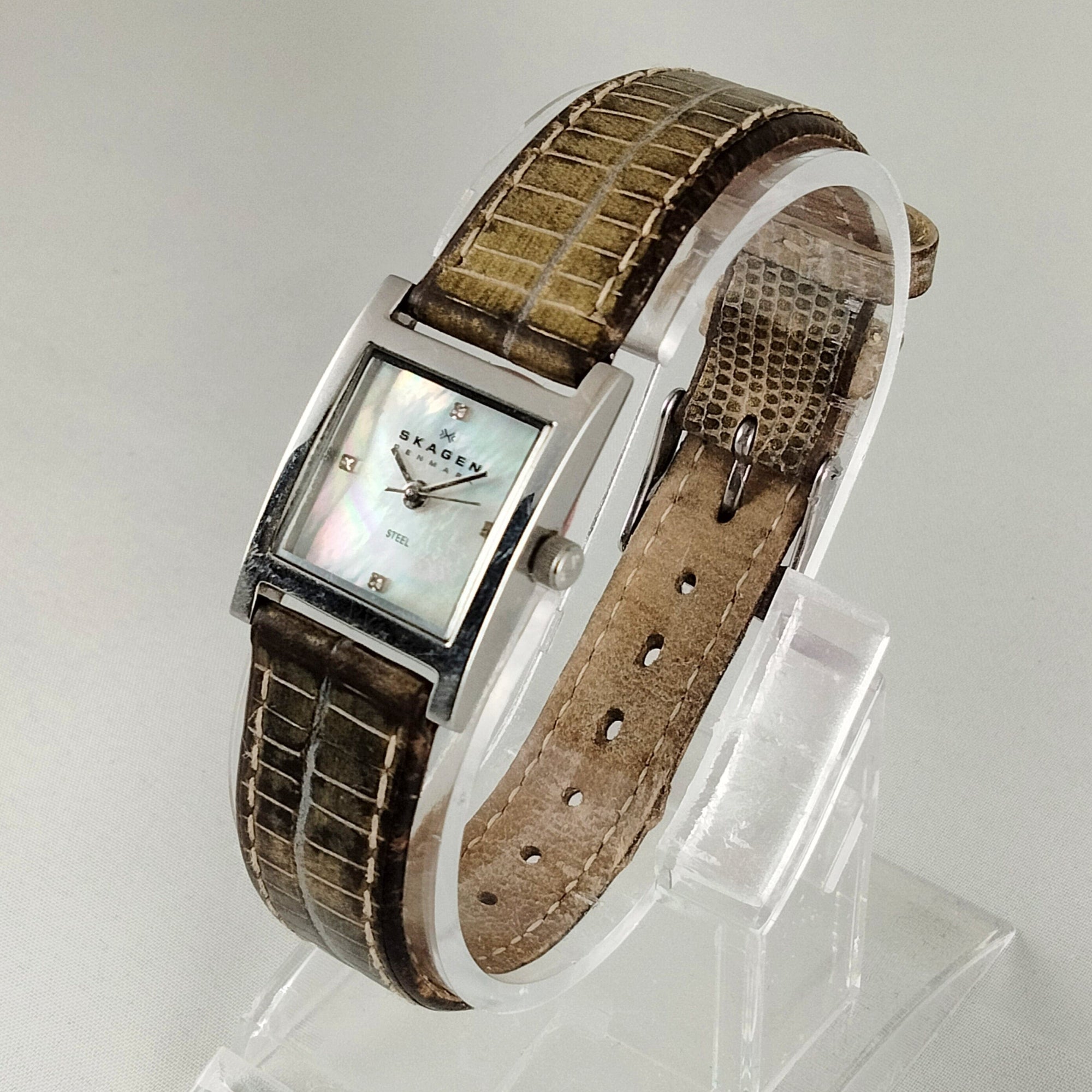 I Like Mikes Mid Century Modern Watches Skagen Women's Stainless Steel Square Watch, Mother of Pearl Dial, Brown Leather Strap