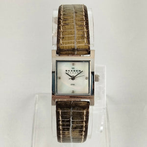 I Like Mikes Mid Century Modern Watches Skagen Women's Stainless Steel Square Watch, Mother of Pearl Dial, Brown Leather Strap