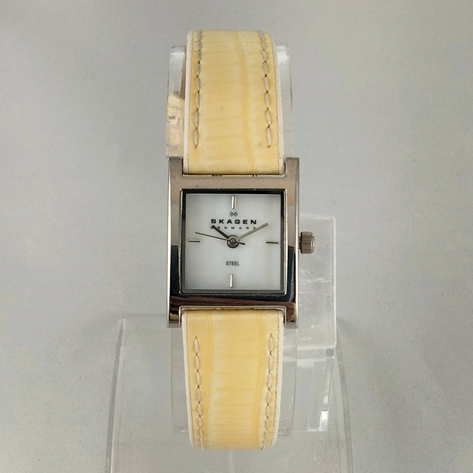 I Like Mikes Mid Century Modern Watches Skagen Women's Stainless Steel Square Watch, Mother of Pearl Dial, Yellow Leather Strap