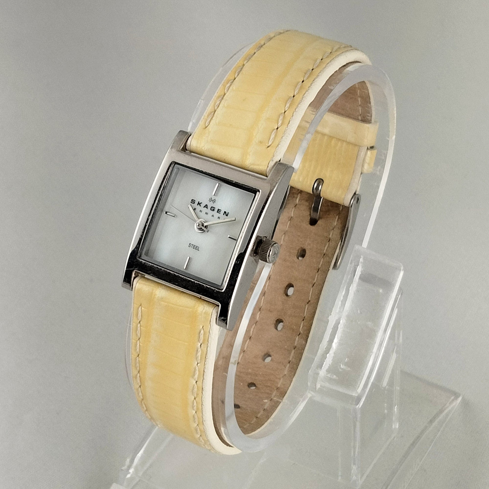 I Like Mikes Mid Century Modern Watches Skagen Women's Stainless Steel Square Watch, Mother of Pearl Dial, Yellow Leather Strap