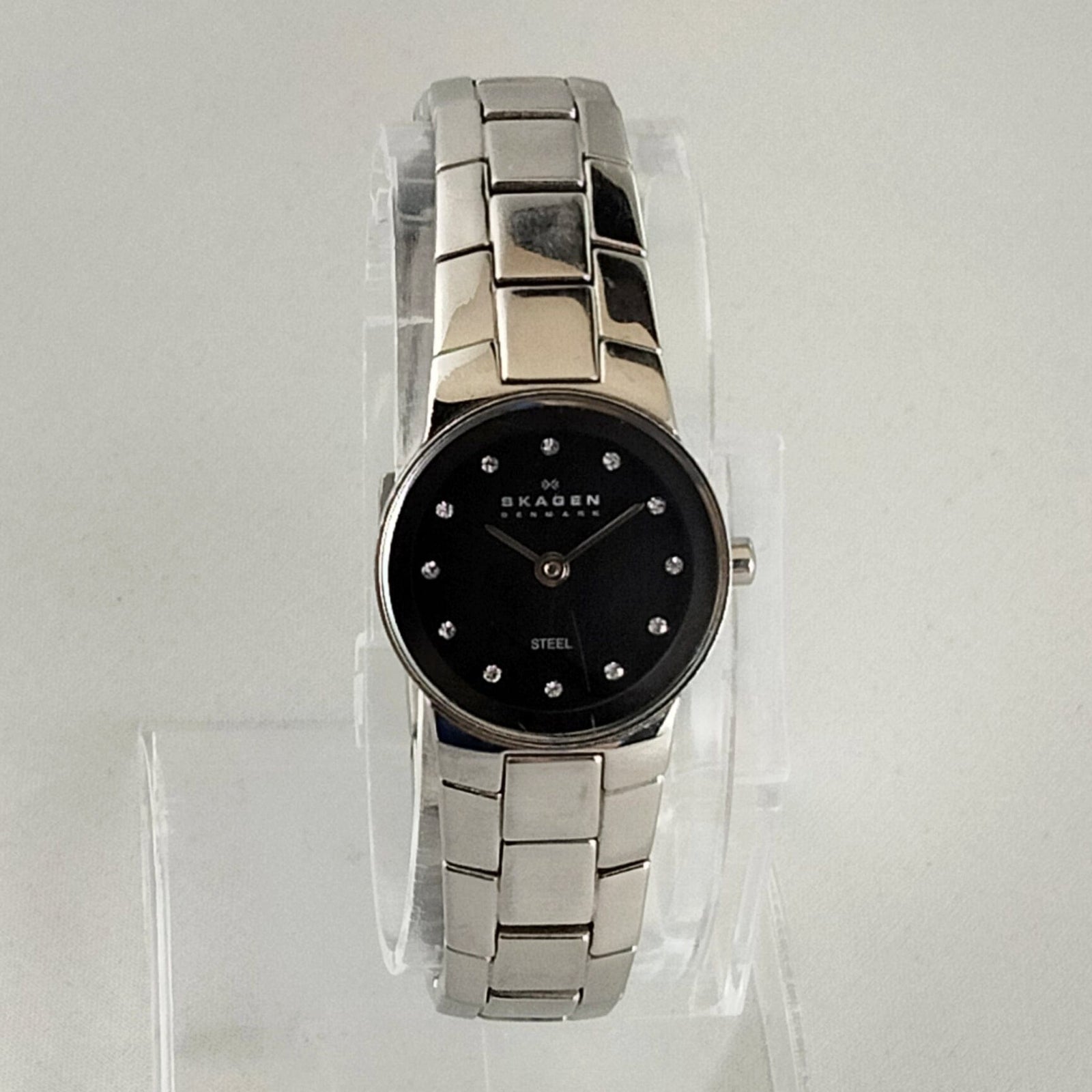 I Like Mikes Mid Century Modern Watches Skagen Women's Stainless Steel Watch, Black Dial, Jewel Hour Markers, Link Bracelet