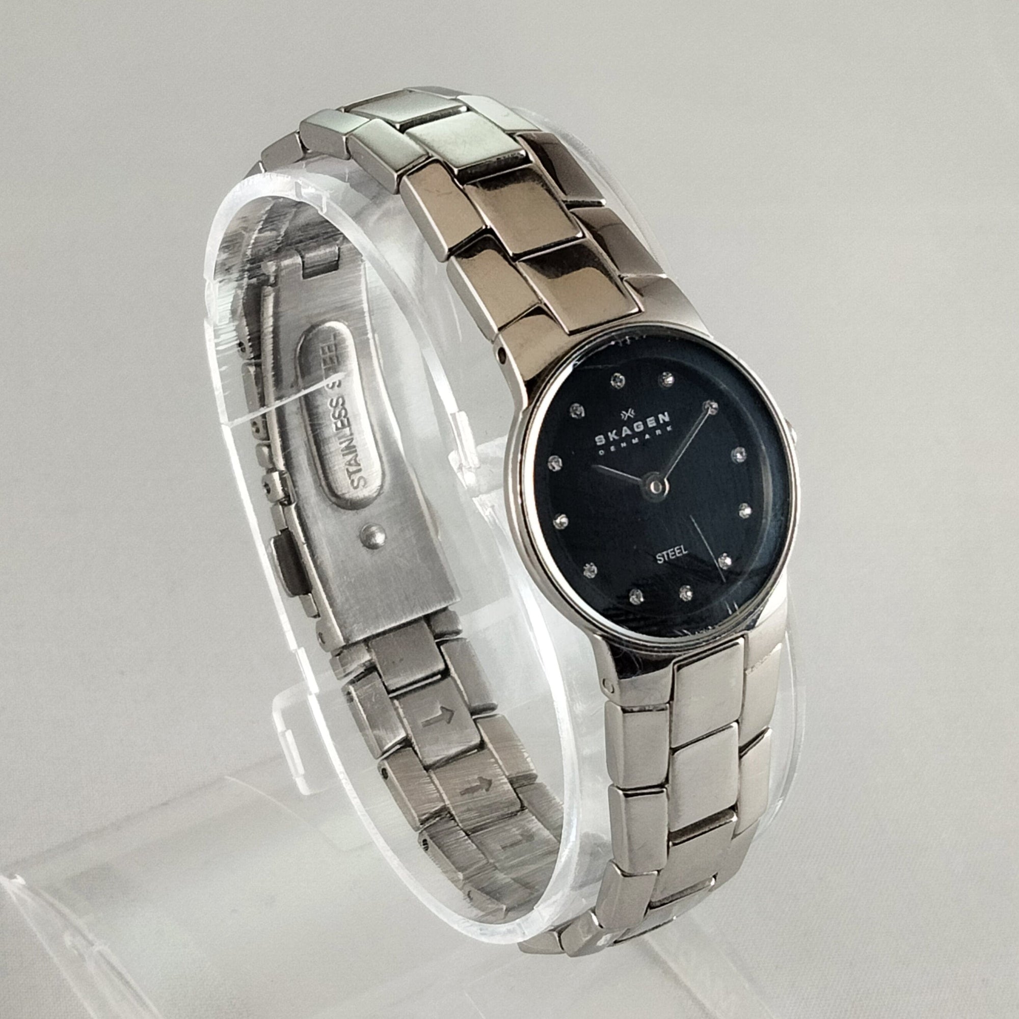 I Like Mikes Mid Century Modern Watches Skagen Women's Stainless Steel Watch, Black Dial, Jewel Hour Markers, Link Bracelet