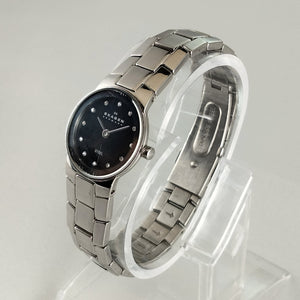 I Like Mikes Mid Century Modern Watches Skagen Women's Stainless Steel Watch, Black Dial, Jewel Hour Markers, Link Bracelet