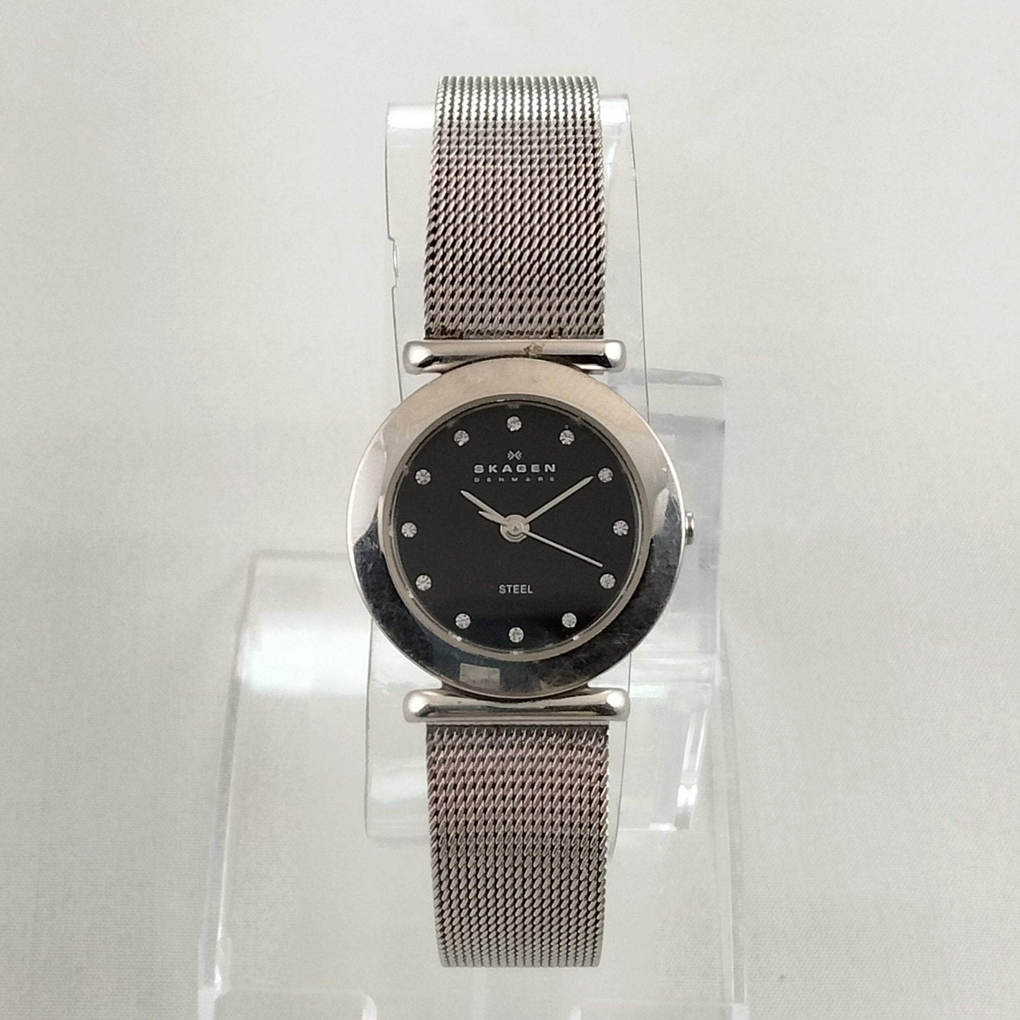 I Like Mikes Mid Century Modern Watches Skagen Women's Stainless Steel Watch, Black Dial, Jewel Hour Markers, Mesh Strap