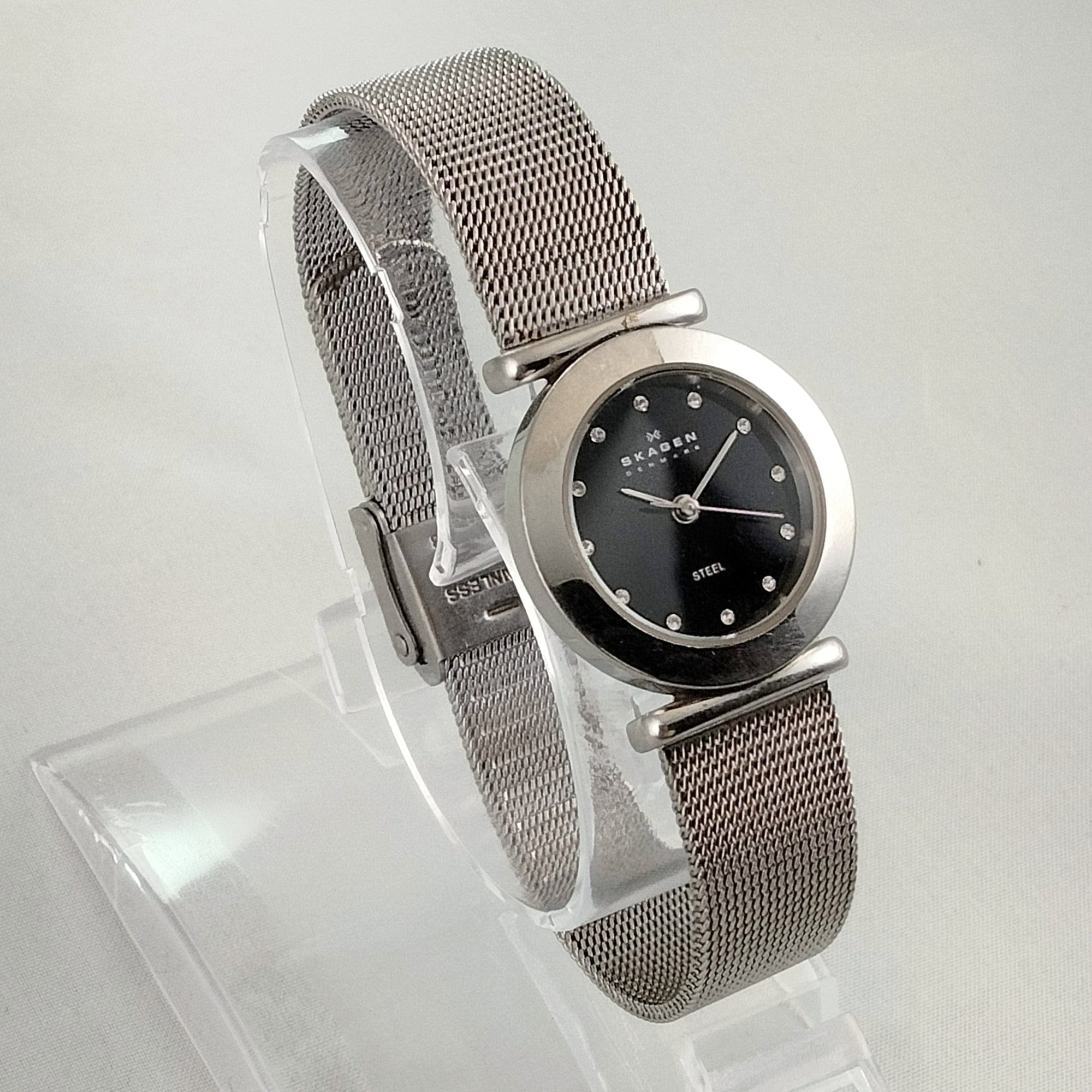 I Like Mikes Mid Century Modern Watches Skagen Women's Stainless Steel Watch, Black Dial, Jewel Hour Markers, Mesh Strap