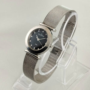 I Like Mikes Mid Century Modern Watches Skagen Women's Stainless Steel Watch, Black Dial, Jewel Hour Markers, Mesh Strap