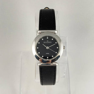 I Like Mikes Mid Century Modern Watches Skagen Women's Stainless Steel Watch, Black Dial with Jewel Hour Markers, Black Genuine Leather Strap