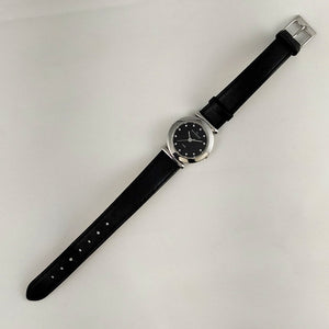 I Like Mikes Mid Century Modern Watches Skagen Women's Stainless Steel Watch, Black Dial with Jewel Hour Markers, Black Genuine Leather Strap