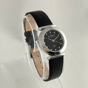 I Like Mikes Mid Century Modern Watches Skagen Women's Stainless Steel Watch, Black Dial with Jewel Hour Markers, Black Genuine Leather Strap