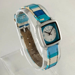 I Like Mikes Mid Century Modern Watches Skagen Women's Stainless Steel Watch, Blue and White Dial, Blue Striped Leather Strap