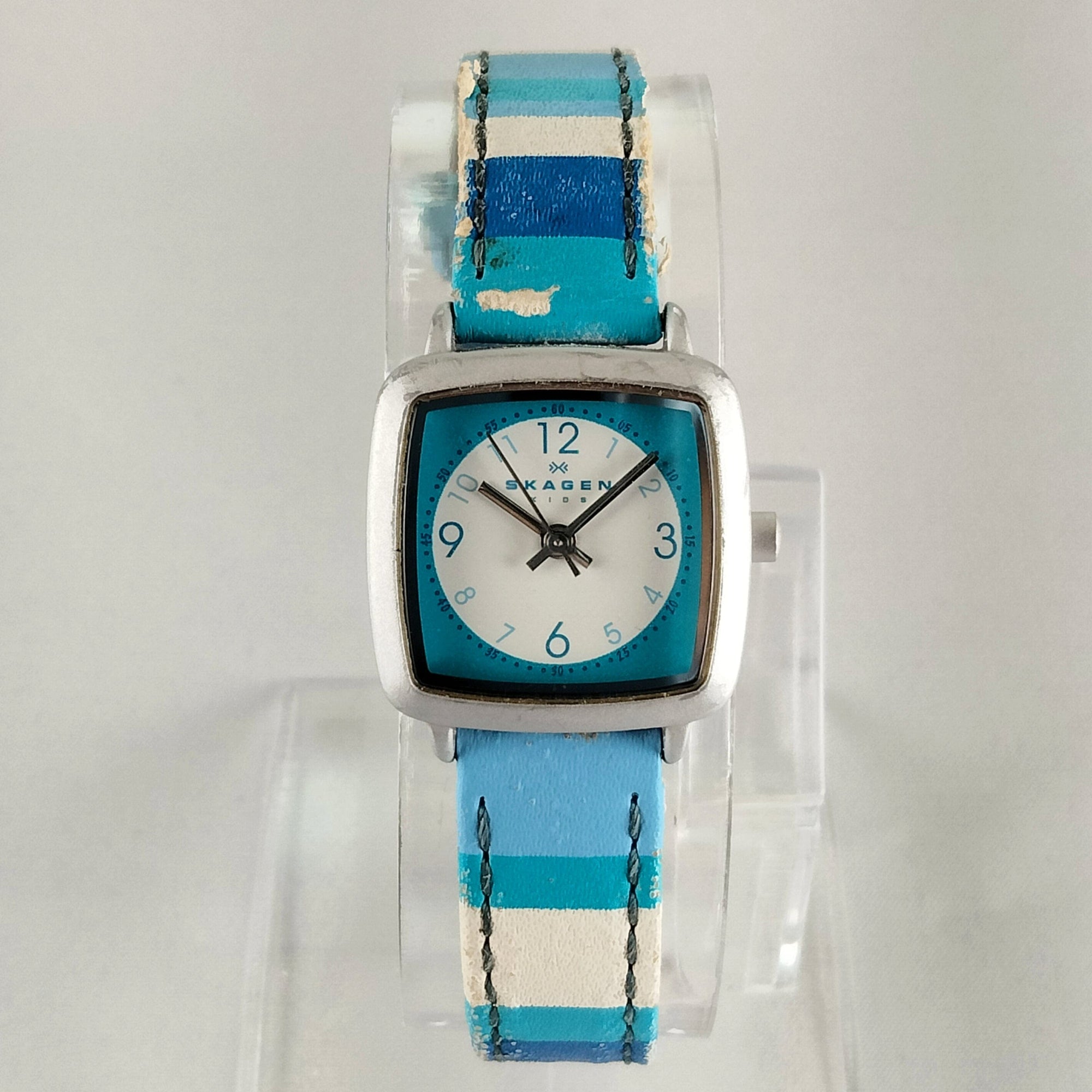 I Like Mikes Mid Century Modern Watches Skagen Women's Stainless Steel Watch, Blue and White Dial, Blue Striped Leather Strap