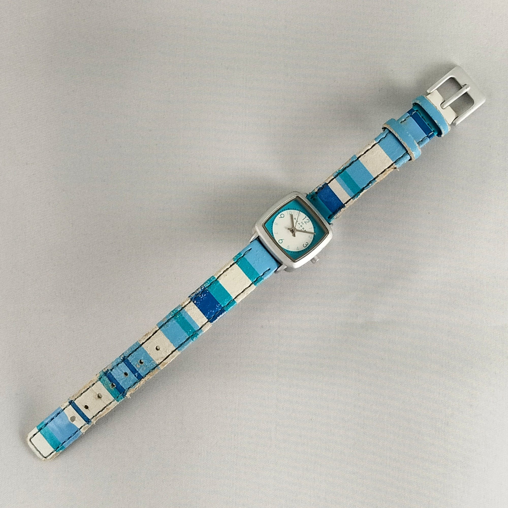 I Like Mikes Mid Century Modern Watches Skagen Women's Stainless Steel Watch, Blue and White Dial, Blue Striped Leather Strap