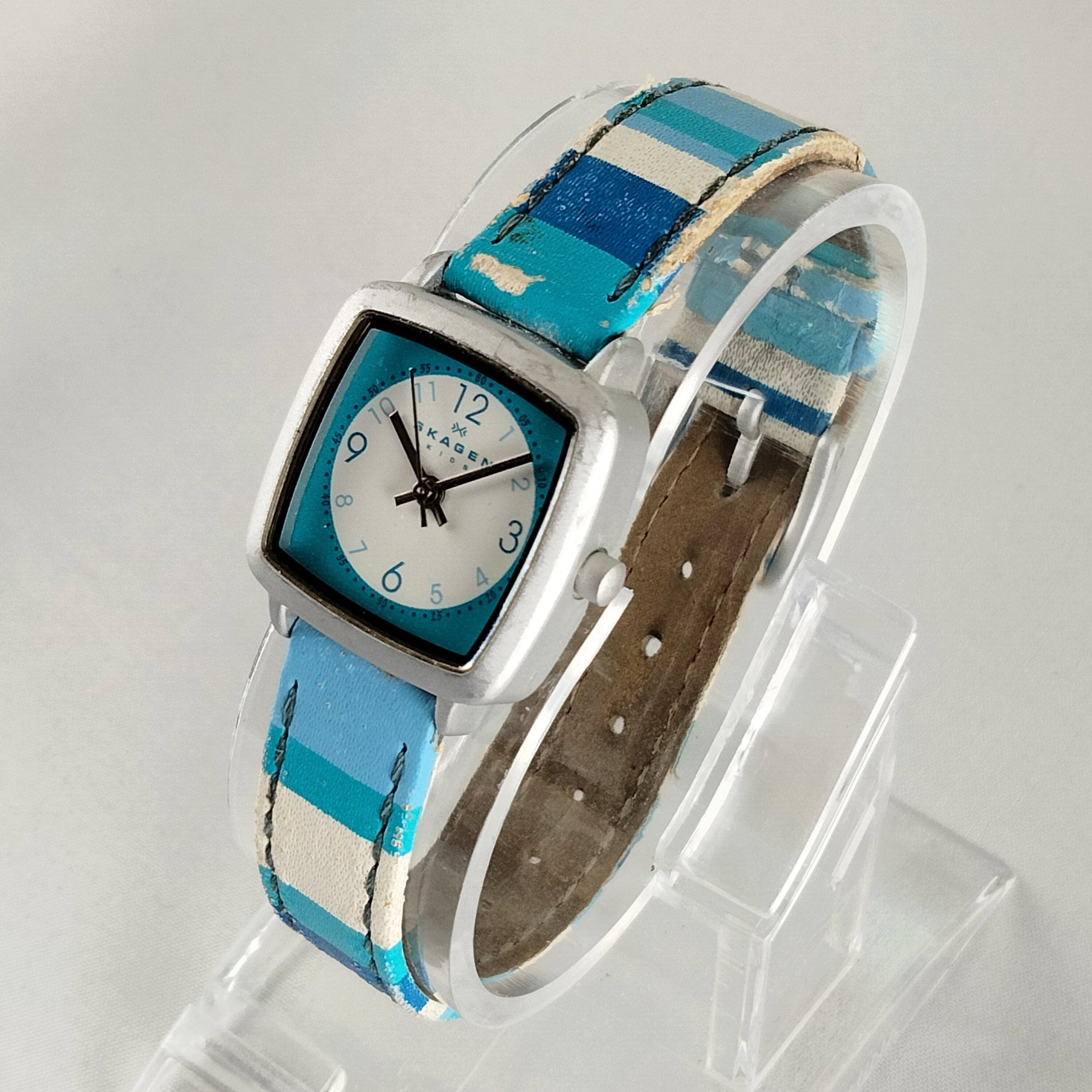 I Like Mikes Mid Century Modern Watches Skagen Women's Stainless Steel Watch, Blue and White Dial, Blue Striped Leather Strap