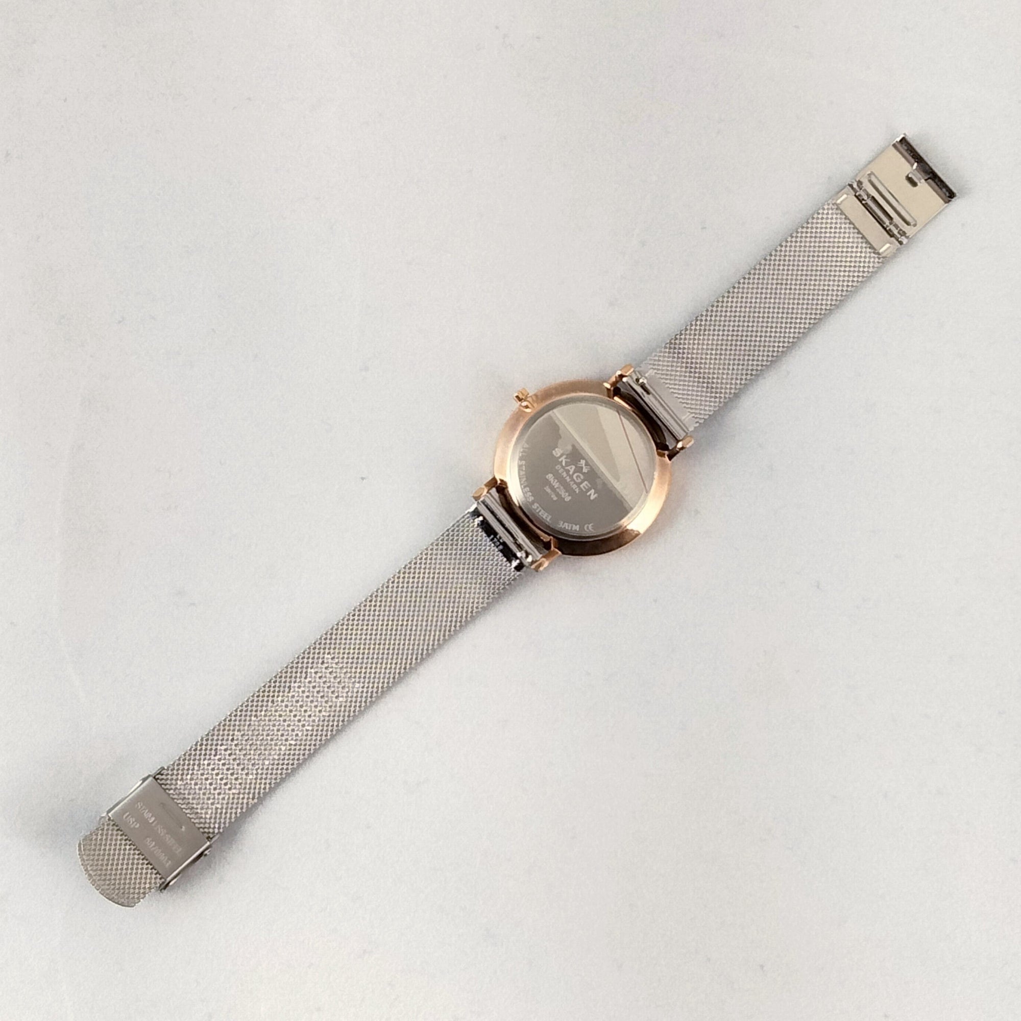 I Like Mikes Mid Century Modern Watches Skagen Women's Stainless Steel Watch, Cream Dial, Gold Tone and Jewel Details, Mesh Strap