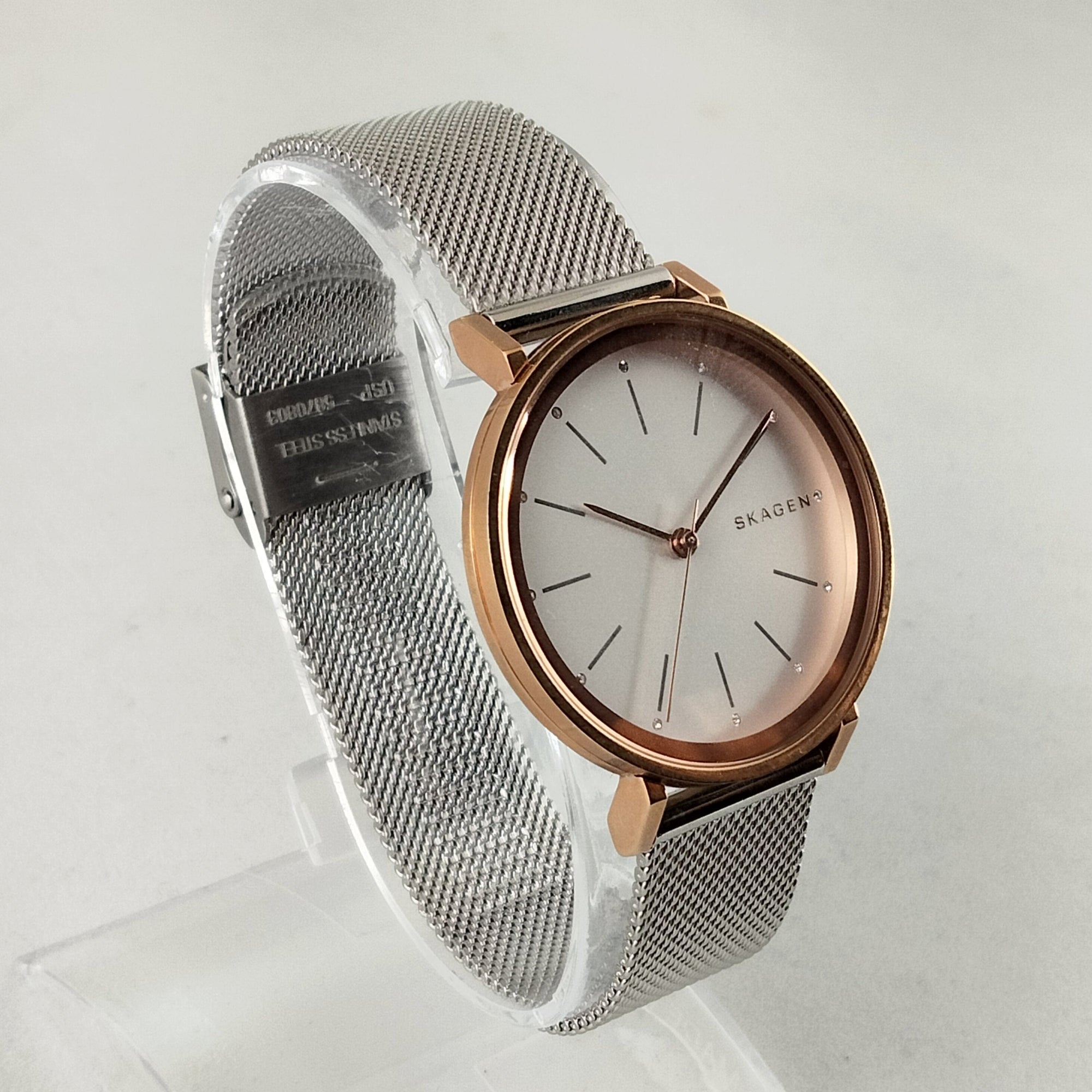 I Like Mikes Mid Century Modern Watches Skagen Women's Stainless Steel Watch, Cream Dial, Gold Tone and Jewel Details, Mesh Strap