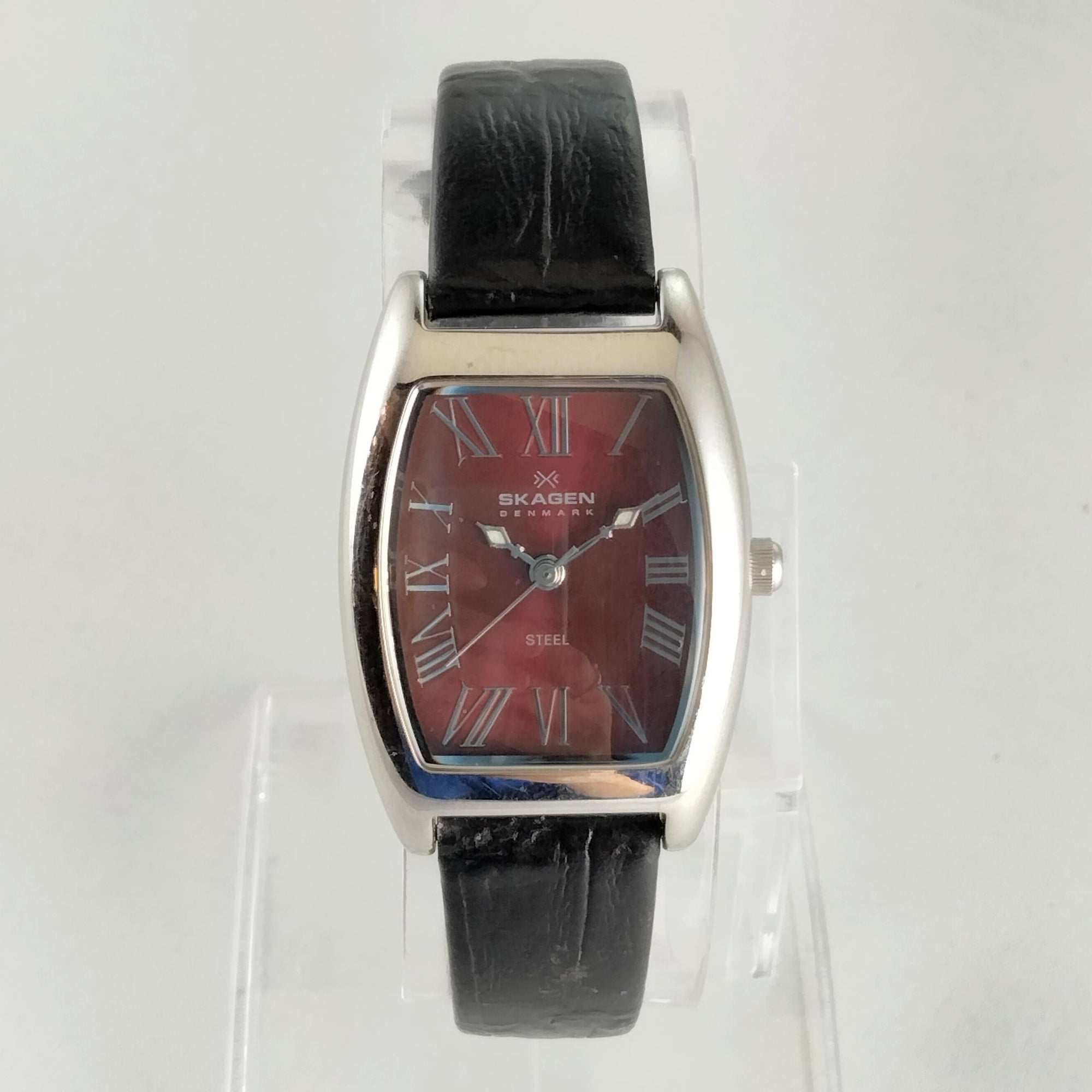 I Like Mikes Mid Century Modern Watches Skagen Women's Stainless Steel Watch, Crimson Dial, Roman Numeral Hour Markers, Leather Strap