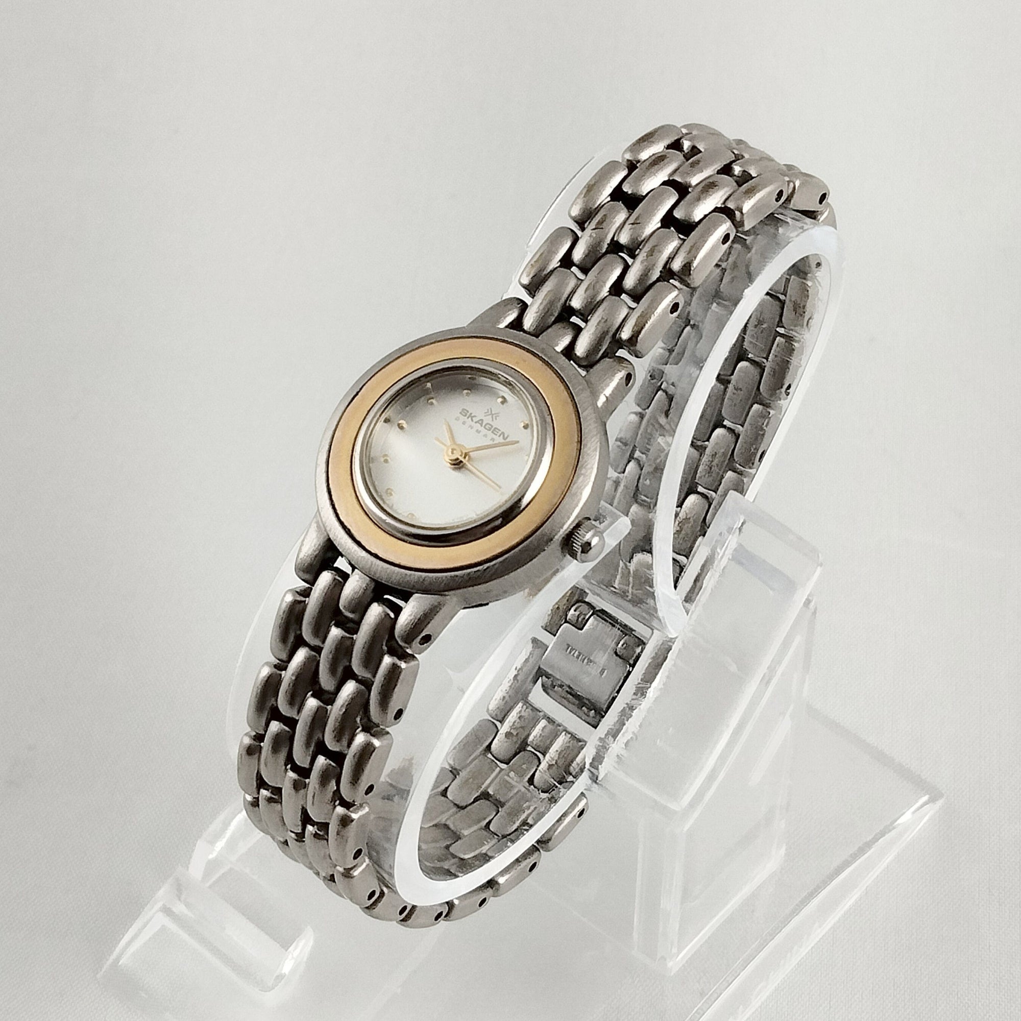 I Like Mikes Mid Century Modern Watches Skagen Women's Stainless Steel Watch, Gold Tone Details, Bracelet Strap