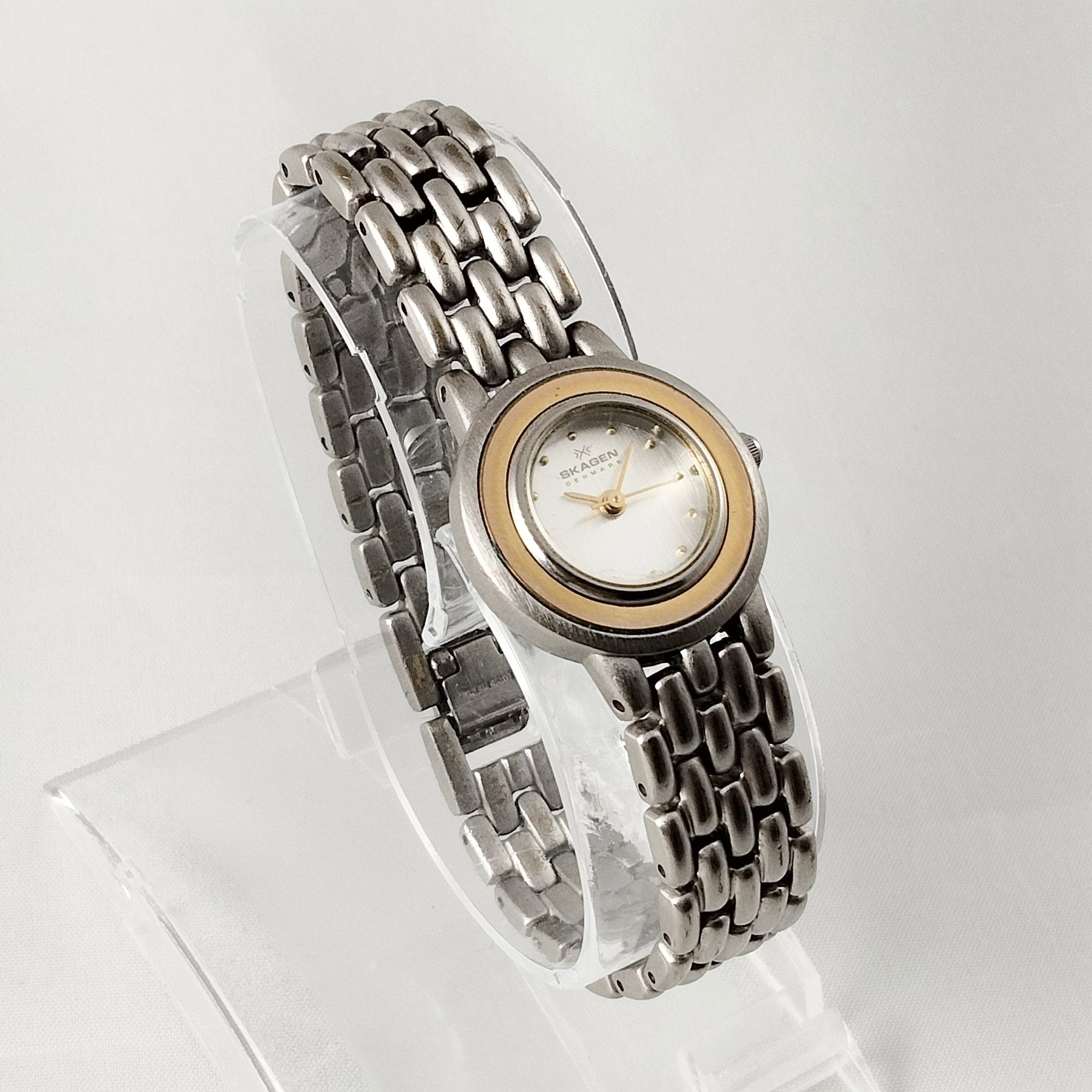 I Like Mikes Mid Century Modern Watches Skagen Women's Stainless Steel Watch, Gold Tone Details, Bracelet Strap