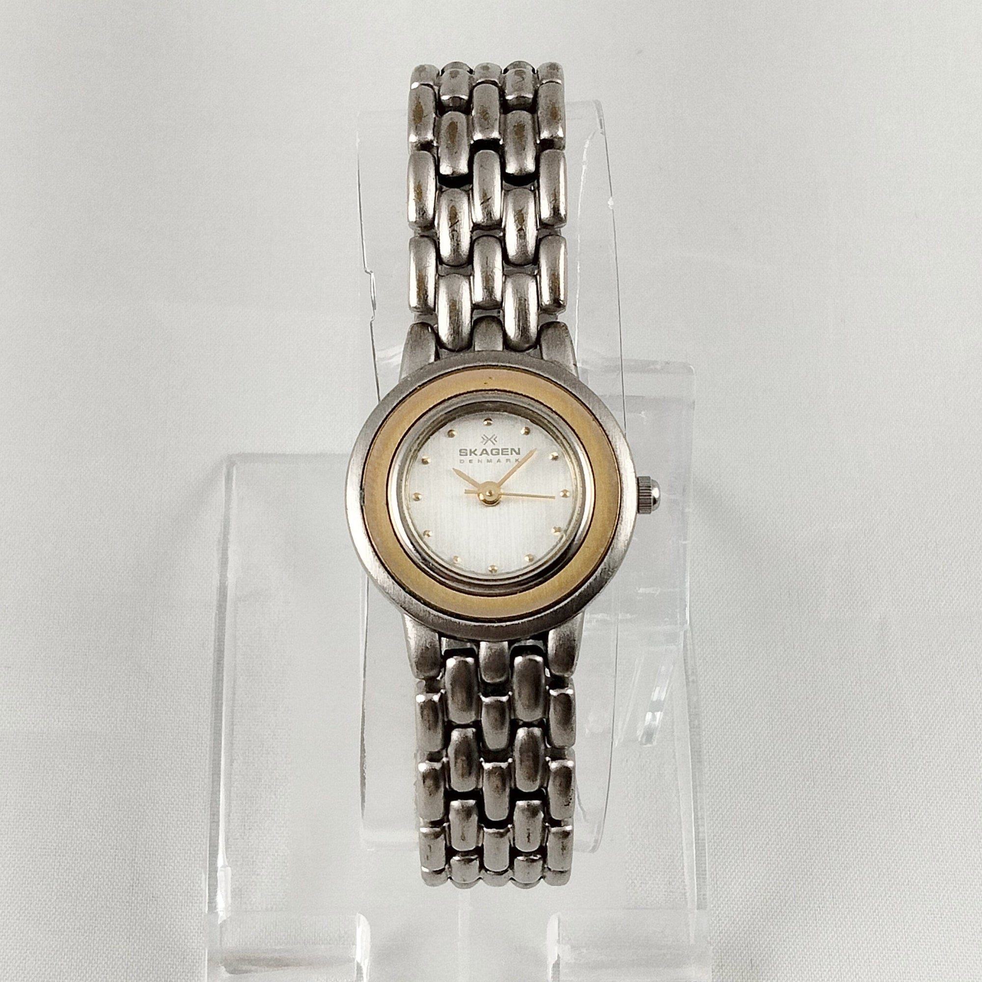 I Like Mikes Mid Century Modern Watches Skagen Women's Stainless Steel Watch, Gold Tone Details, Bracelet Strap