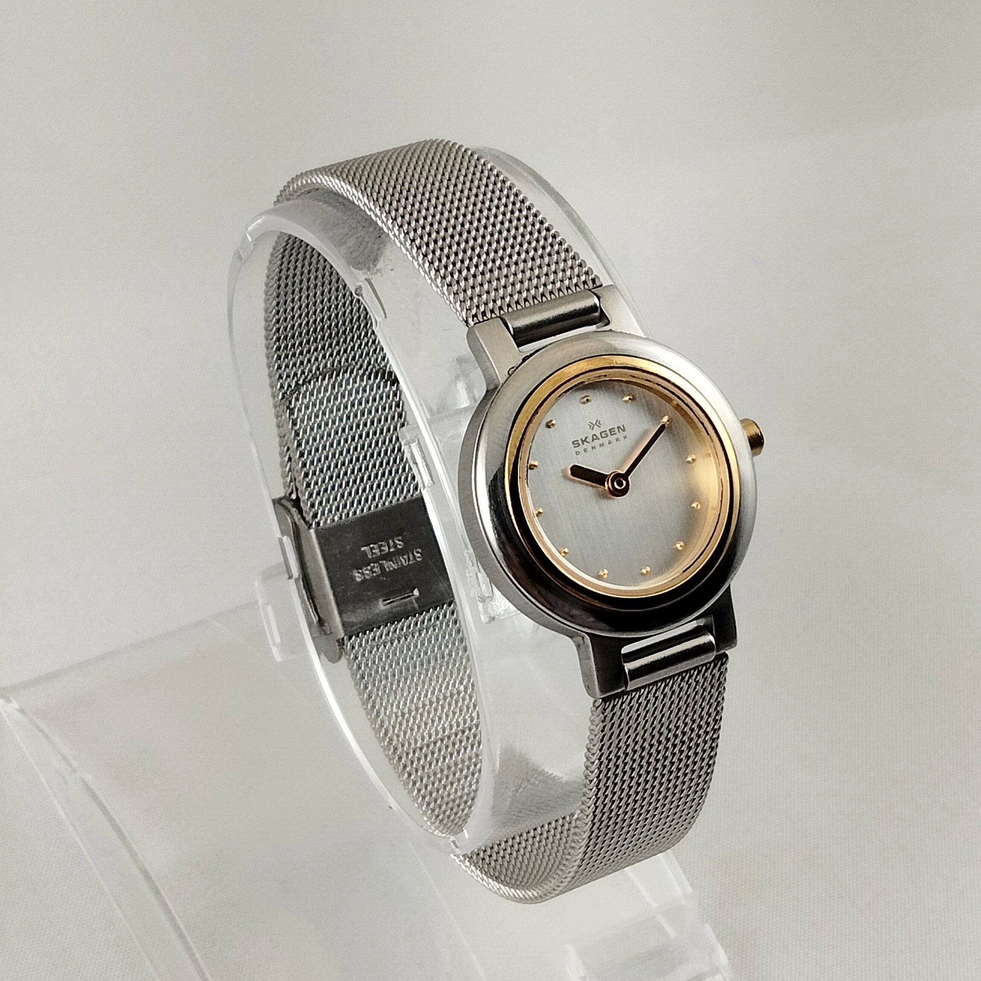 I Like Mikes Mid Century Modern Watches Skagen Women's Stainless Steel Watch, Gold Tone Dot Hour Markers and Hands, Mesh Strap