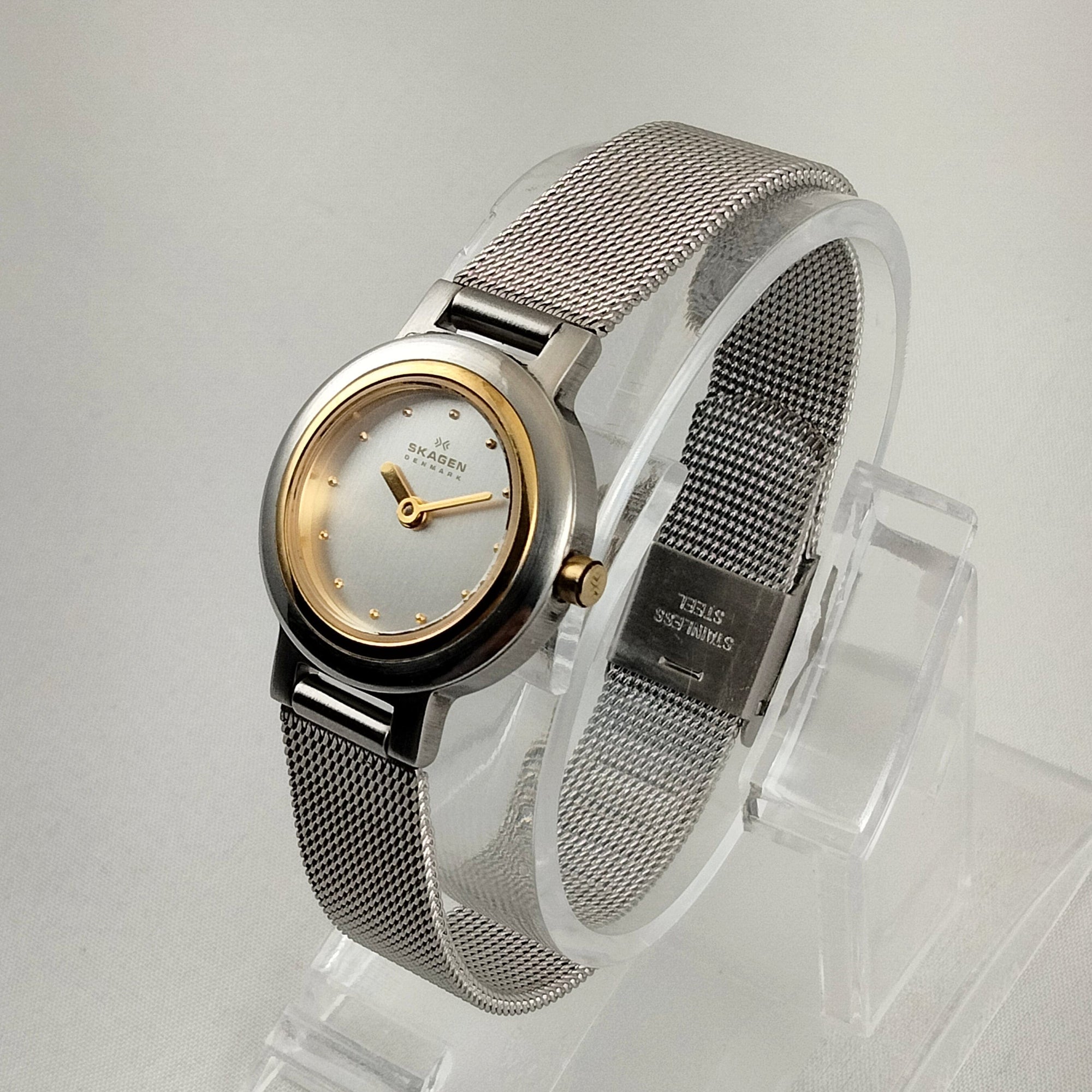 I Like Mikes Mid Century Modern Watches Skagen Women's Stainless Steel Watch, Gold Tone Dot Hour Markers and Hands, Mesh Strap