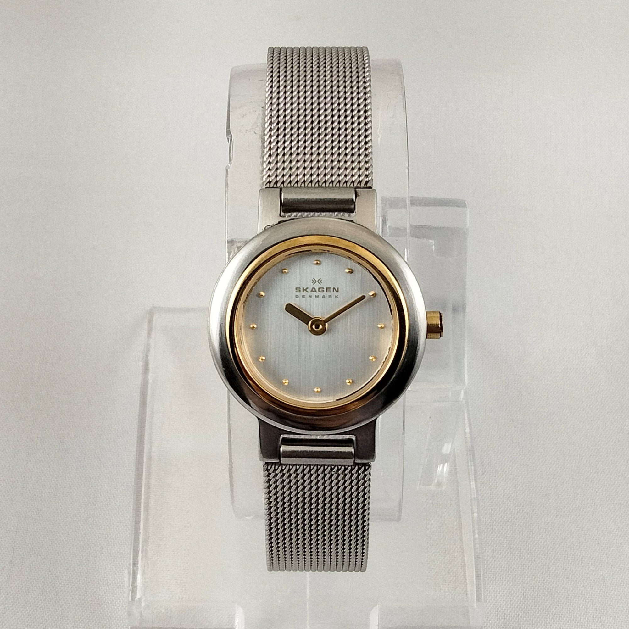 I Like Mikes Mid Century Modern Watches Skagen Women's Stainless Steel Watch, Gold Tone Dot Hour Markers and Hands, Mesh Strap
